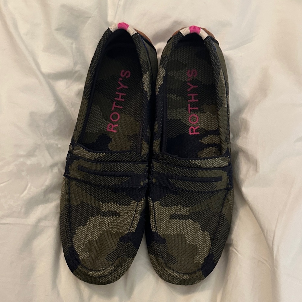 Rothy's Green and Black Camouflage Loafers with pink accent - size 9 never worn